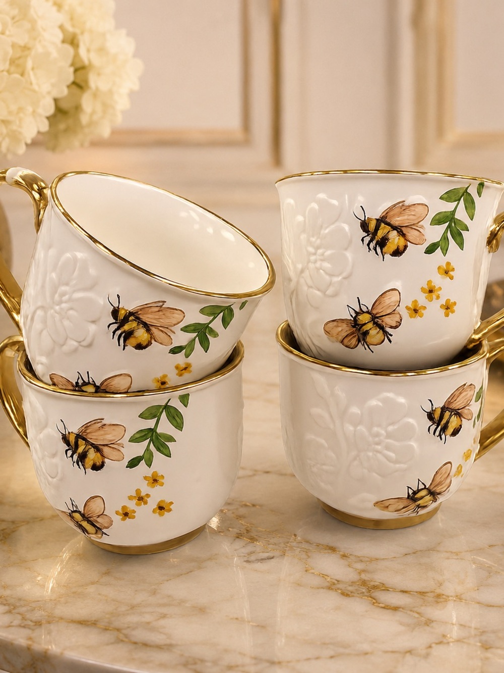 4 Elegant Bee Floral Porcelain Teacup Set — White and Gold